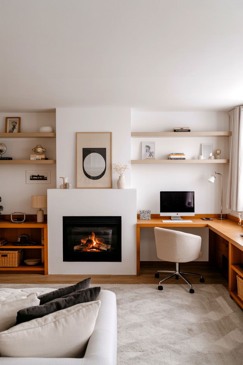 Multi Functional Layout With Fireplace And Workspace - 30 living room layout with fireplace ideas