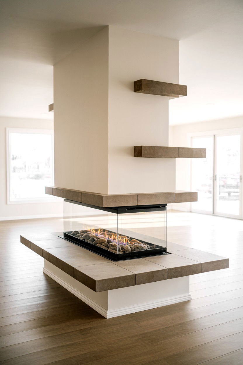 Multi Level Stone Ledge with Three Sided Glass Fireplace - 30 built in fireplace ideas