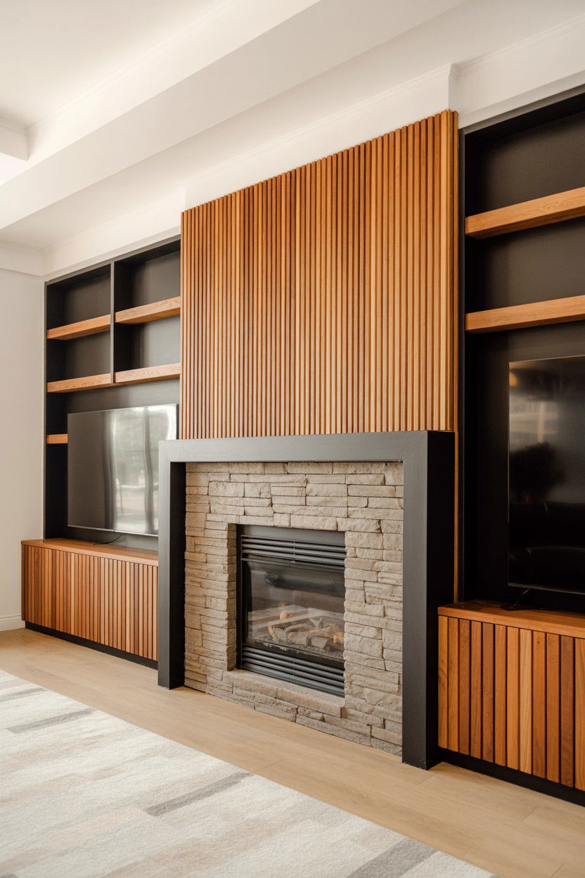 Multi Material Feature Wall Combining Wood Stone and Metal - 30 built in fireplace ideas