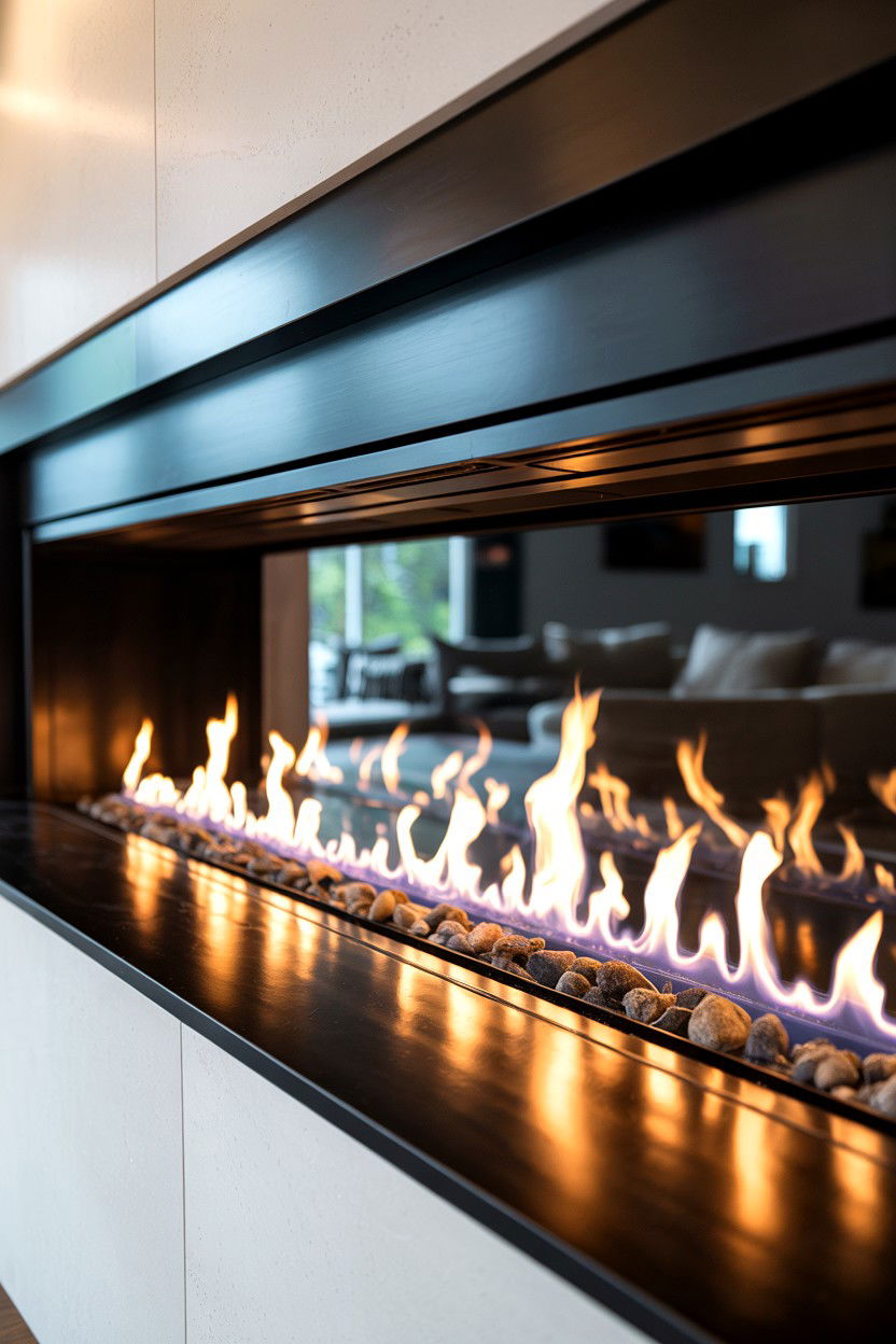 Multi Panel Linear Fireplace Spanning Entire Wall - 30 gas fireplace ideas