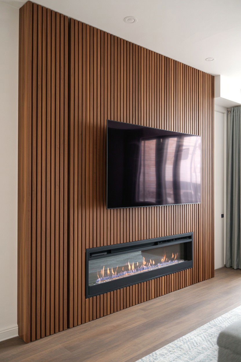 Narrow Vertical Panels Creating Textured Columns - 30 fireplace tv wall ideas