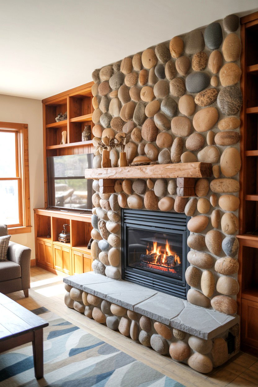 Natural River Rock Installation - 30 fireplace wall ideas