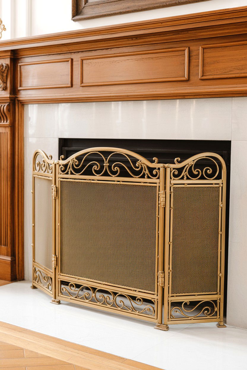 Ornate Brass Tri Fold Screen with Scrollwork - 30 fireplace screen ideas