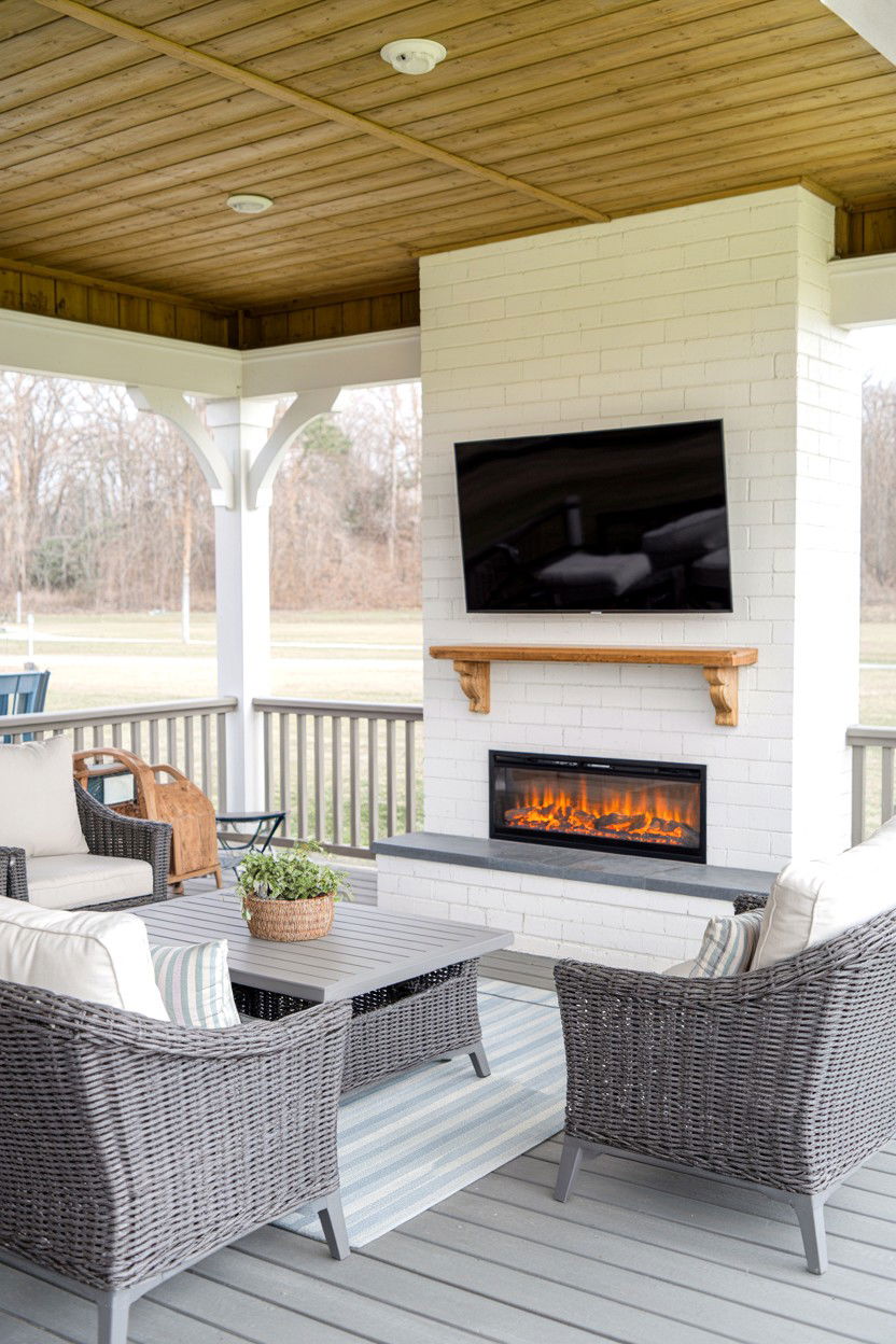 Outdoor Covered Patio Electric Fireplace for Year Round Use - 30 faux fireplace ideas