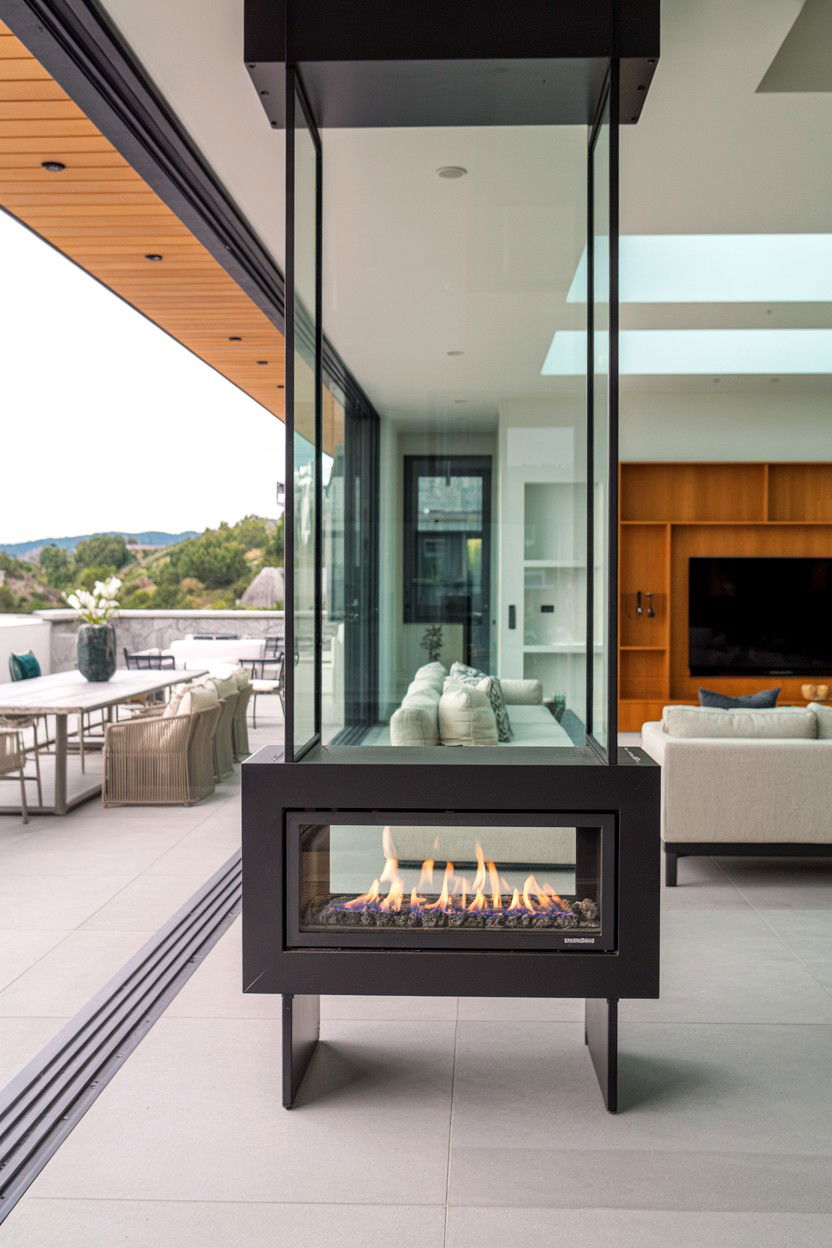 Outdoor Indoor Transitional Fireplace Through Glass Wall - 30 best gas fireplace ideas