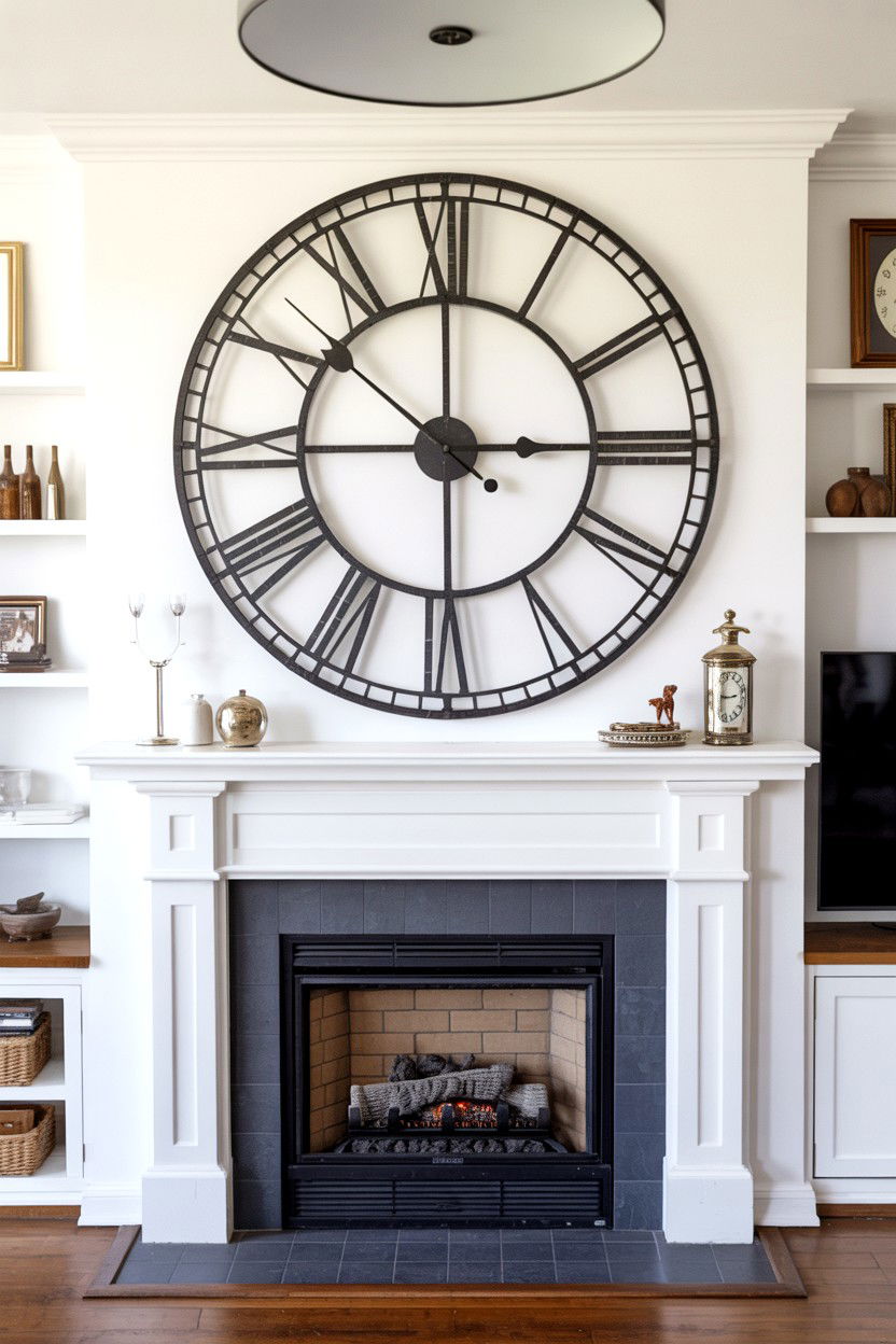 Oversized Statement Clock Above Mantel - 30 best fireplace decor ideas