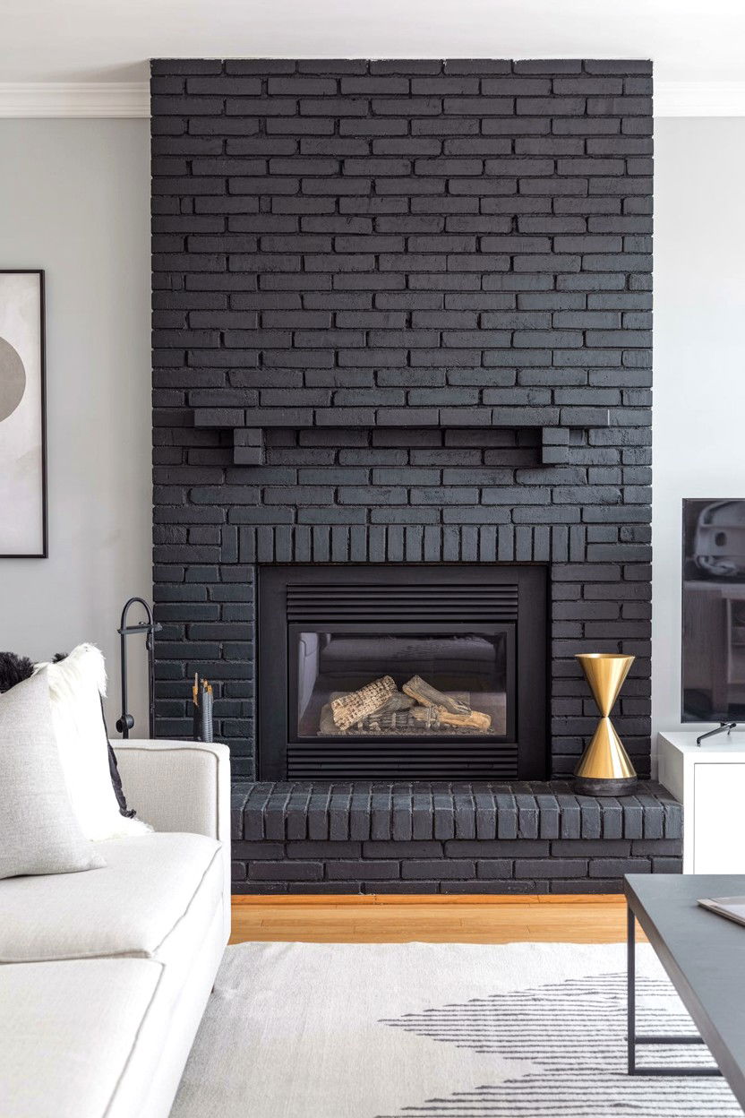 Painted Black Brick with Modern Fireplace Insert - 30 brick fireplace ideas