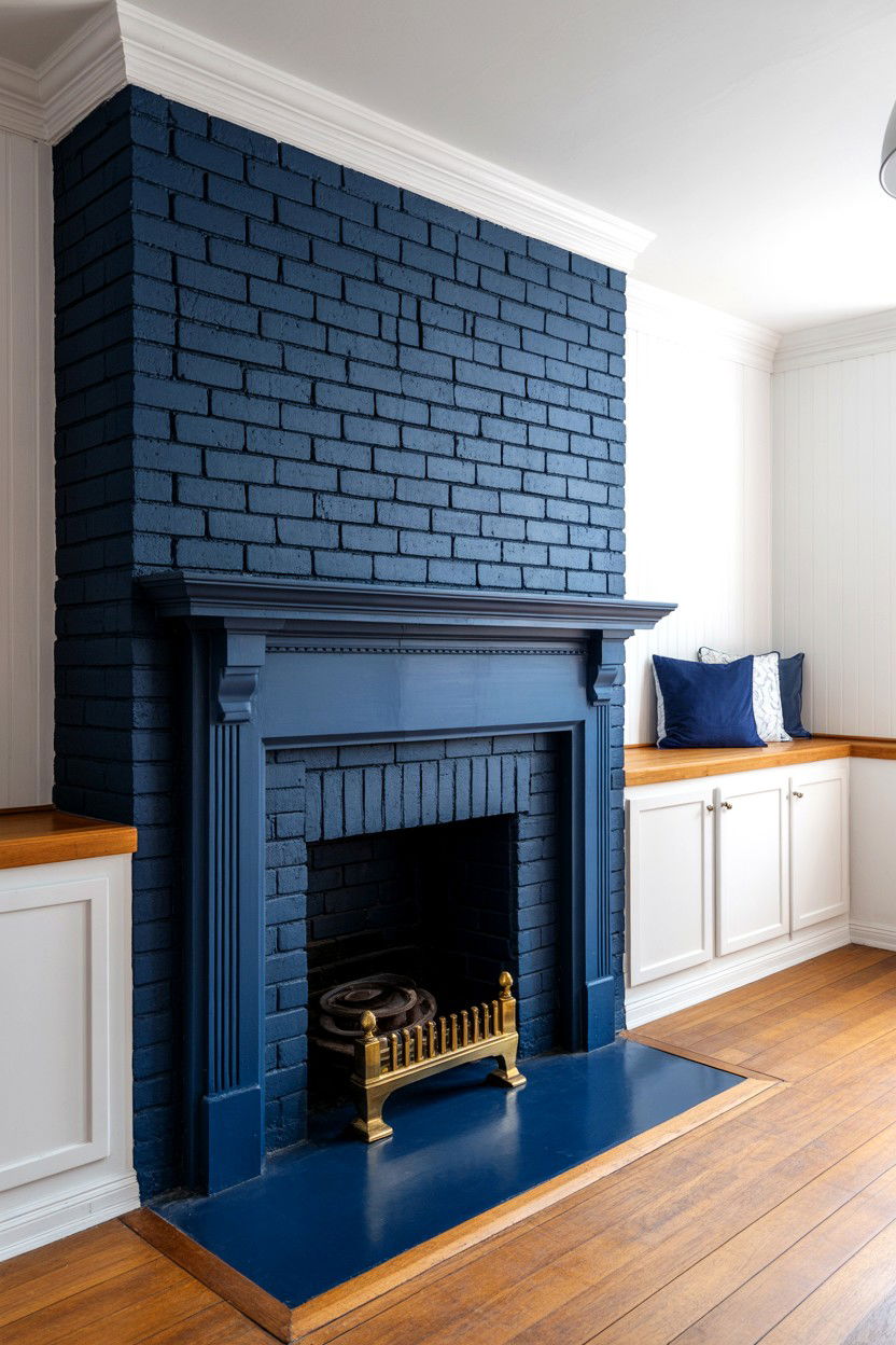 Painted Brick in Deep Navy Blue - 30 brick fireplace ideas