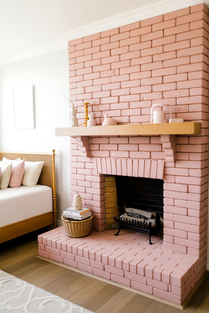 Painted Brick in Soft Blush Pink - 30 brick fireplace ideas