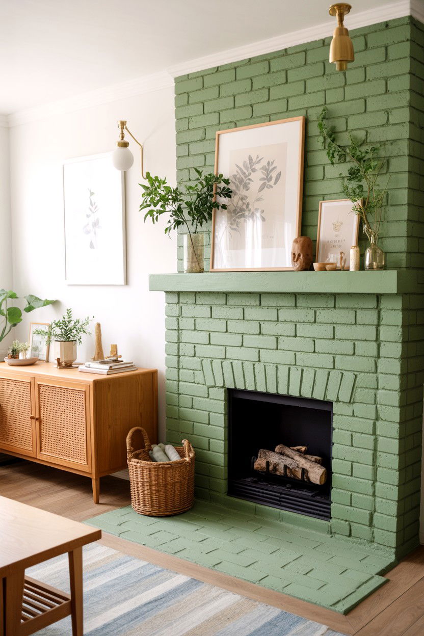 Painted Brick in Soft Sage Green - 30 brick fireplace ideas