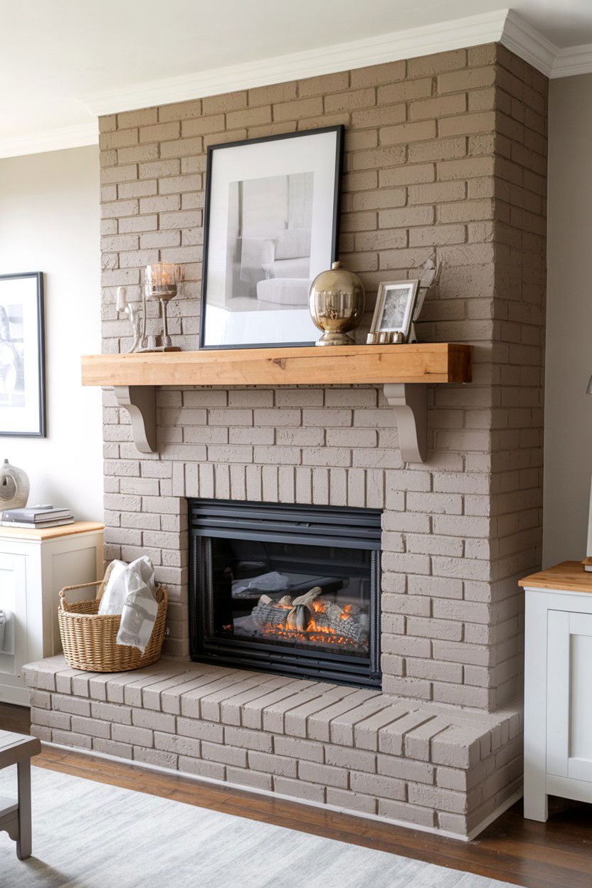 Painted Brick in Warm Greige Tones - 30 brick fireplace ideas