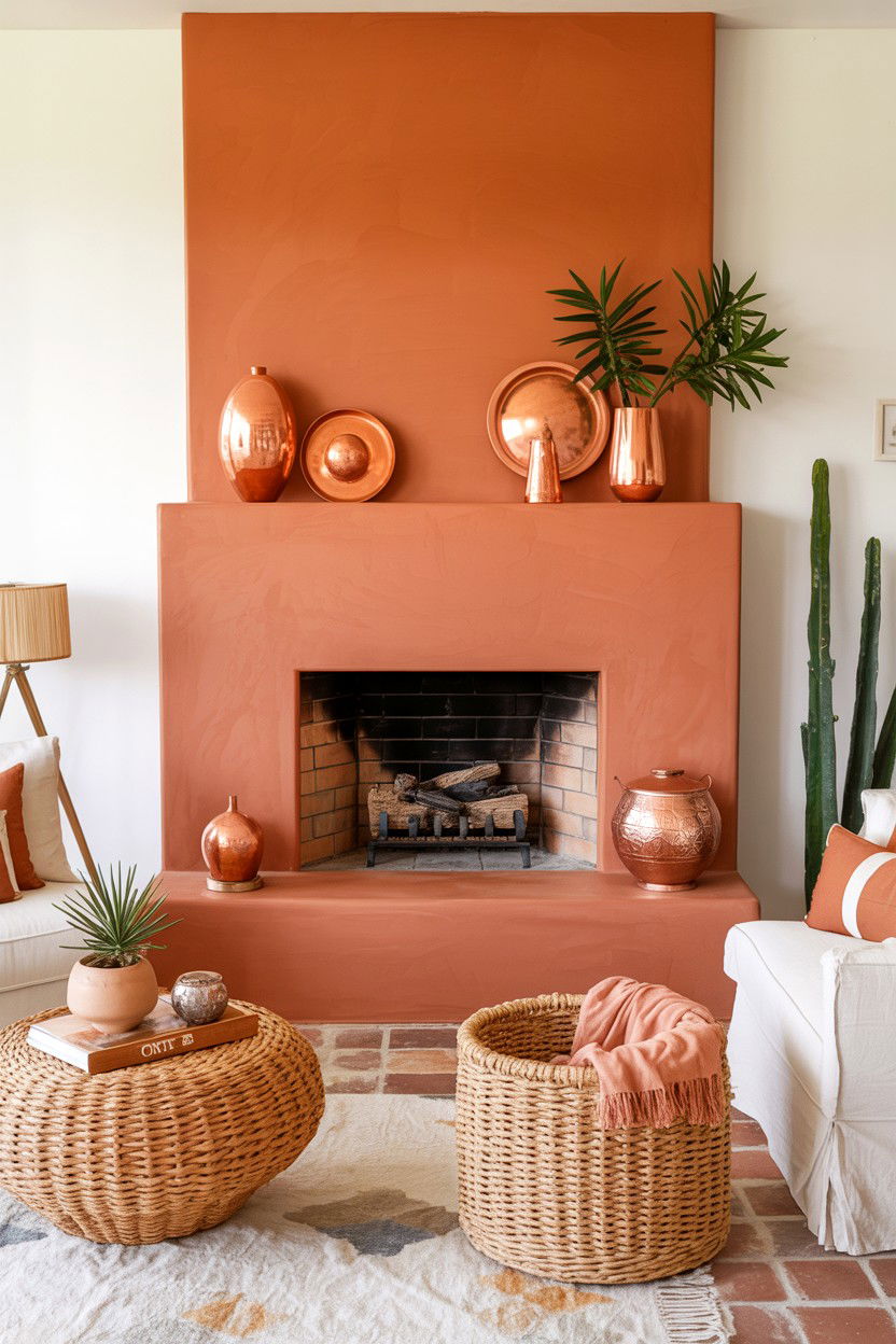 Painted Brick in Warm Terracotta - 30 brick fireplace ideas