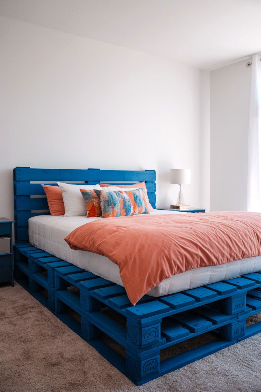 Painted Pallet Bed in Bold Accent Colors - 30 pallet bed ideas