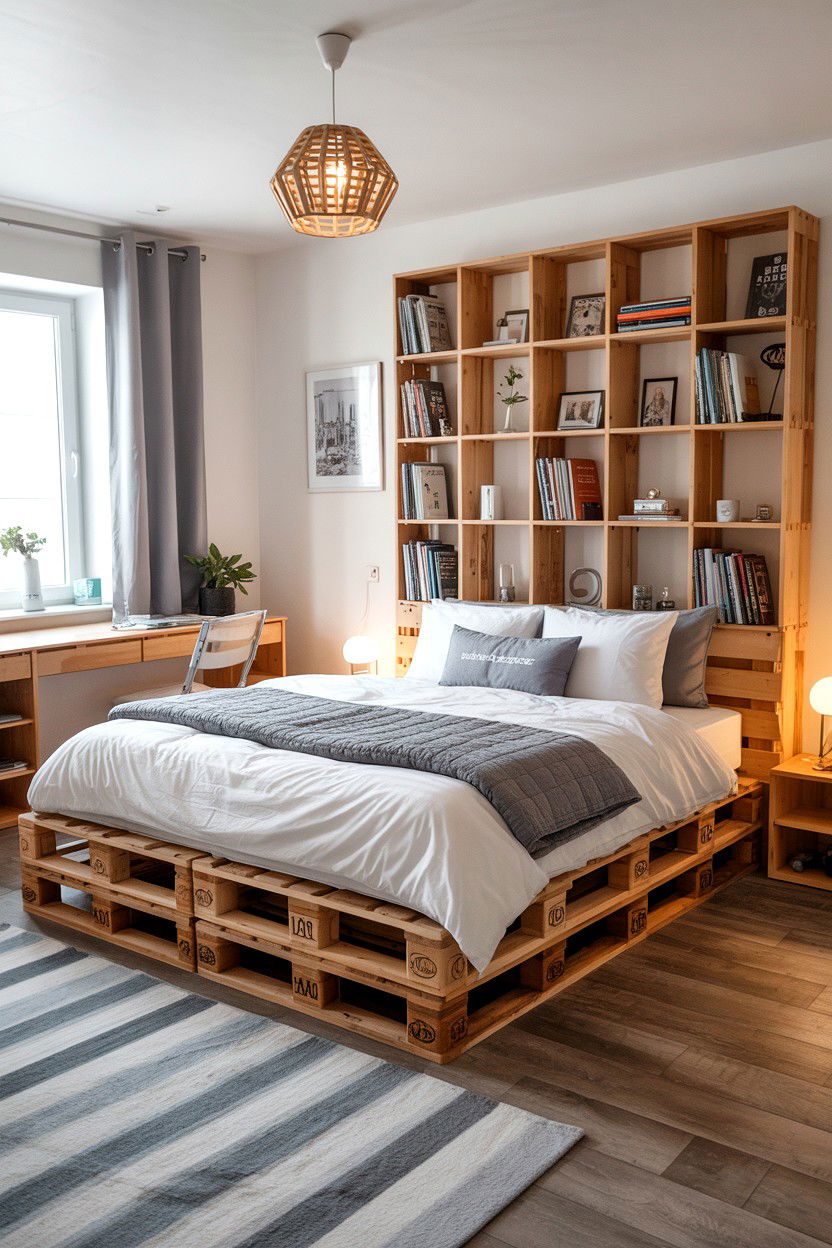 Pallet Bed with Attached Bookshelf Headboard Storage - 30 pallet bed ideas