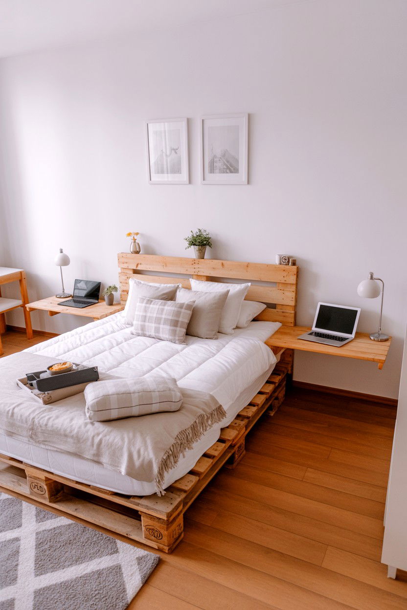 Pallet Bed with Attached Side Table Wings and Laptop Surface - 30 pallet bed ideas