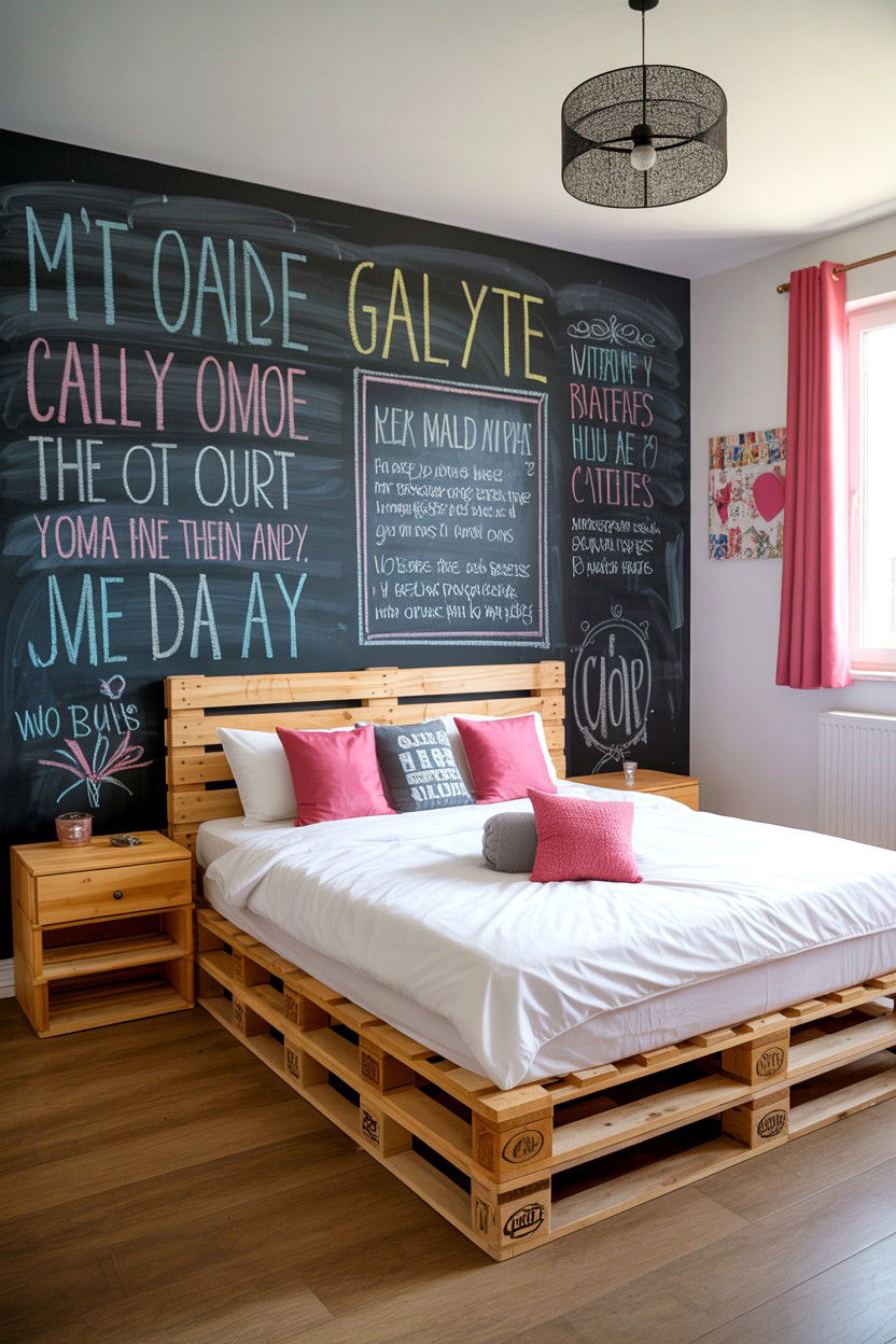 Pallet Bed with Chalkboard Paint Headboard for Personal Messages - 30 pallet bed ideas