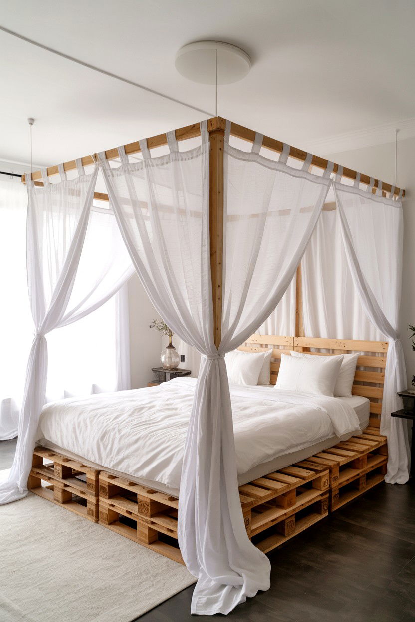 Pallet Bed with Fabric Curtain Canopy for Privacy - 30 pallet bed ideas