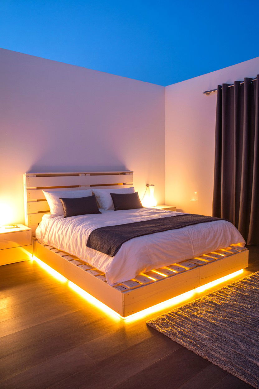 Pallet Bed with Integrated LED Strip Lighting Effects - 30 pallet bed ideas