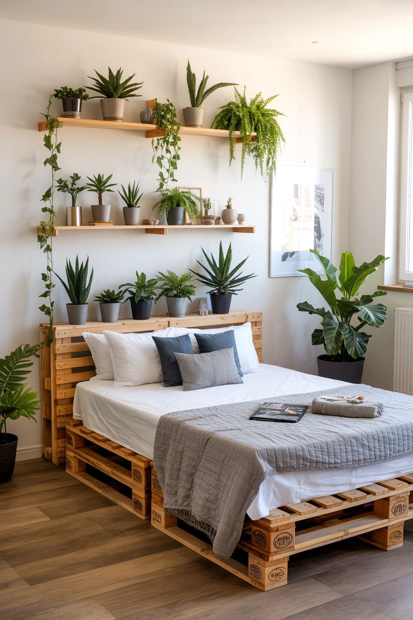 Pallet Bed with Integrated Plant Shelf and Greenery Display - 30 pallet bed ideas