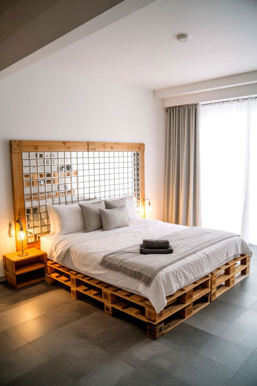 Pallet Bed with Mirrored Headboard Panels for Light Reflection - 30 pallet bed ideas