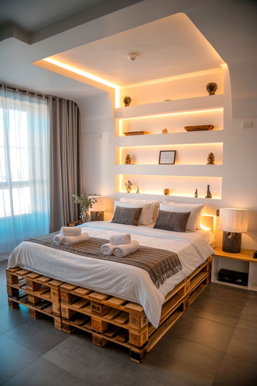 Pallet Bed with Recessed Lighting Niches and Display Alcoves - 30 pallet bed ideas