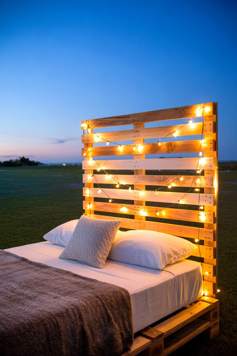 Pallet Bed with Slatted Headboard Featuring Fairy Lights - 30 pallet bed ideas