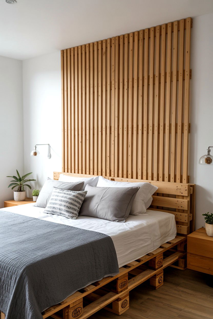 Pallet Bed with Vertical Slat Headboard and Wall Mounting - 30 pallet bed ideas