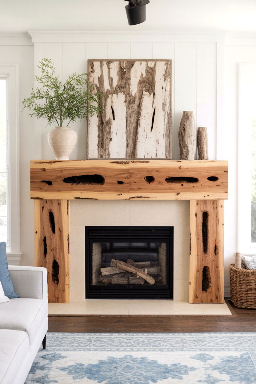 Pecky Cypress Mantle with Unique Character Markings - 30 fireplace mantle ideas