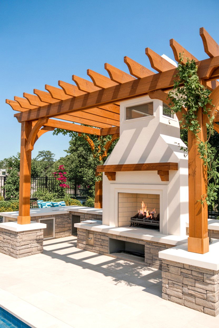 Pergola Integrated Fireplace Structure - 30 outdoor fireplace ideas