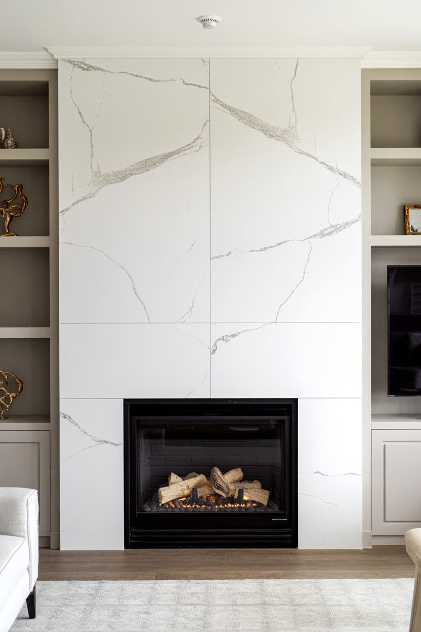 Quartz Composite Surround with Consistent Patterning - 30 best gas fireplace ideas