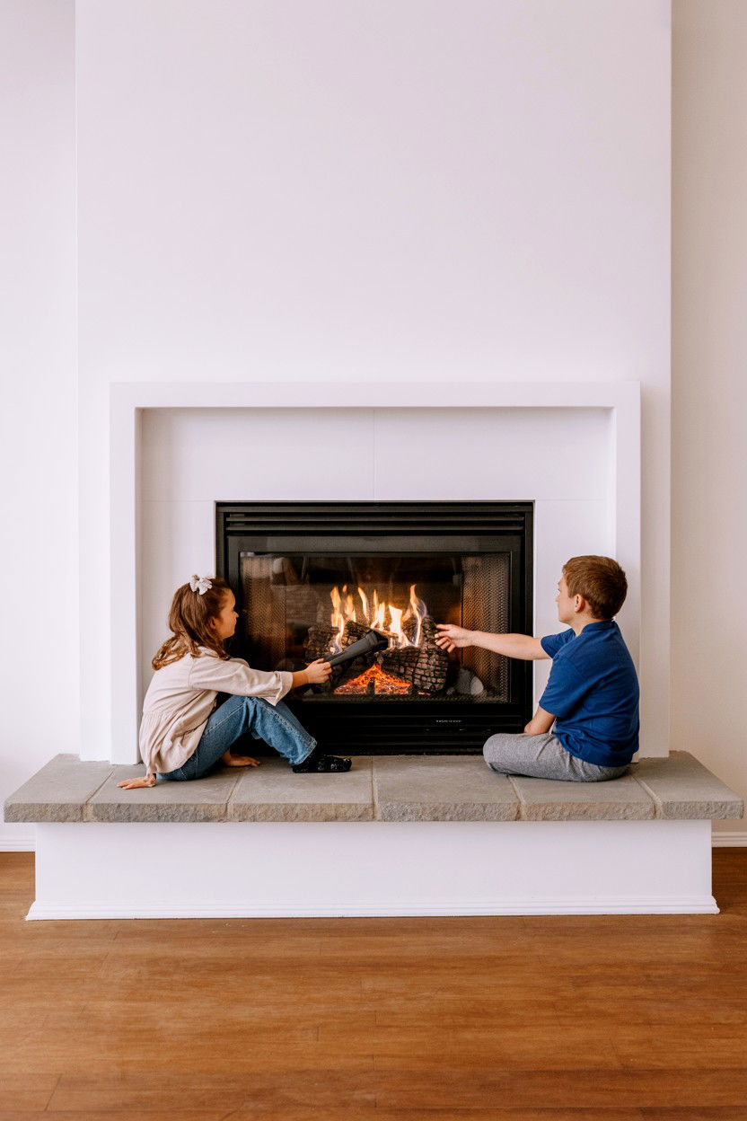 Raised Hearth Fireplace with Casual Seating Ledge - 30 cozy fireplace ideas