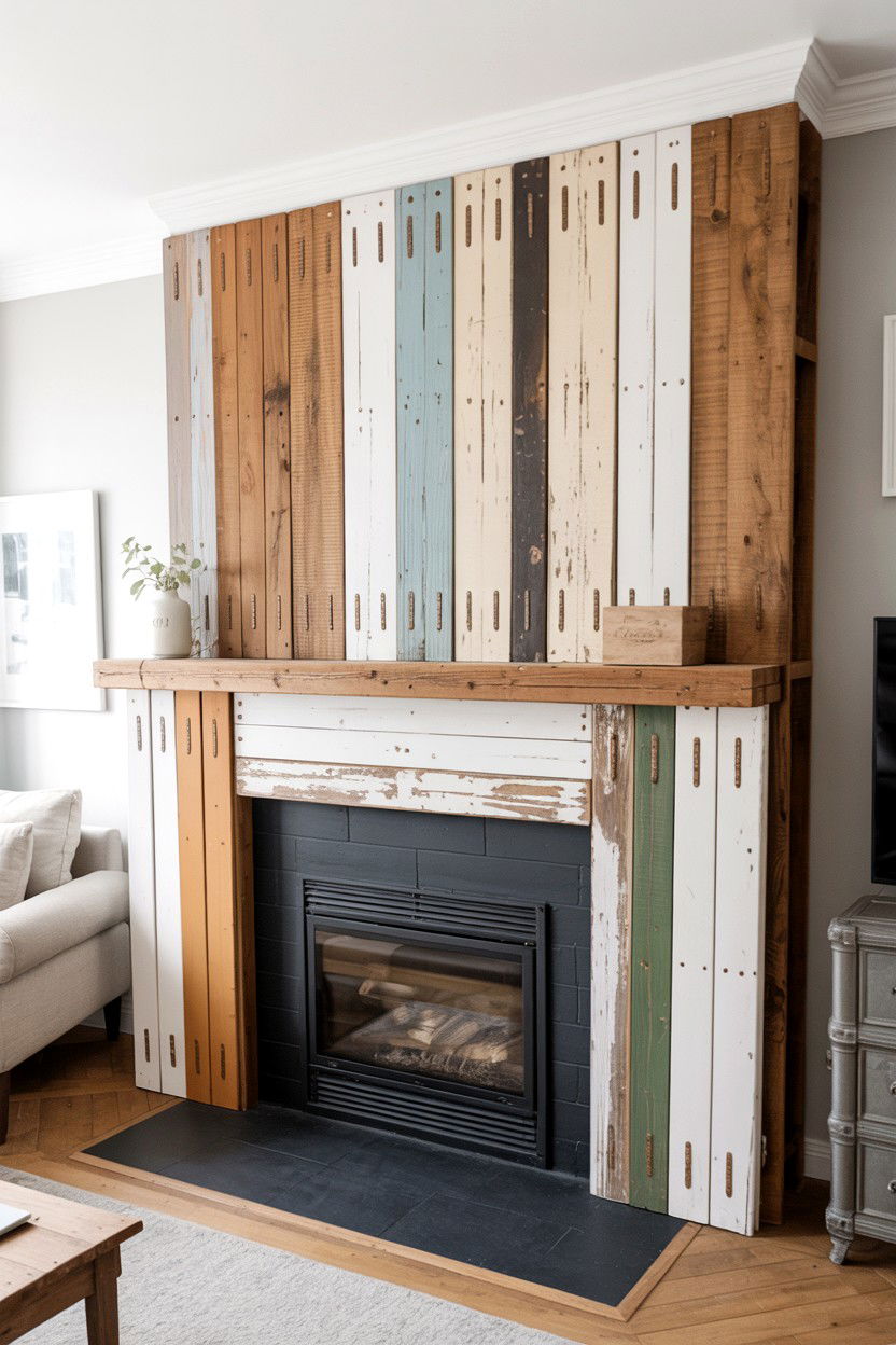 Reclaimed Barn Door Repurposed as Mantle Shelf - 30 diy fireplace mantle ideas
