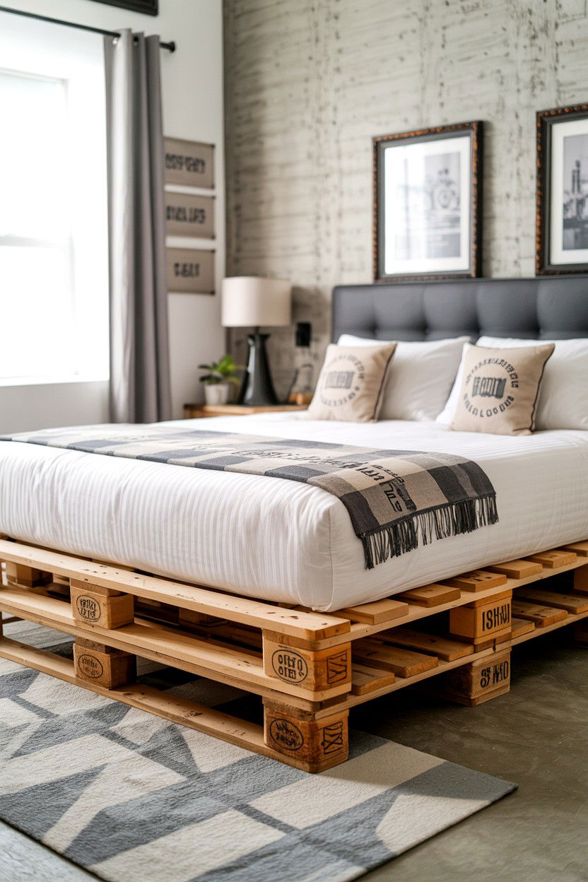 Reclaimed Pallet Bed with Visible Branded Stampings - 30 pallet bed ideas