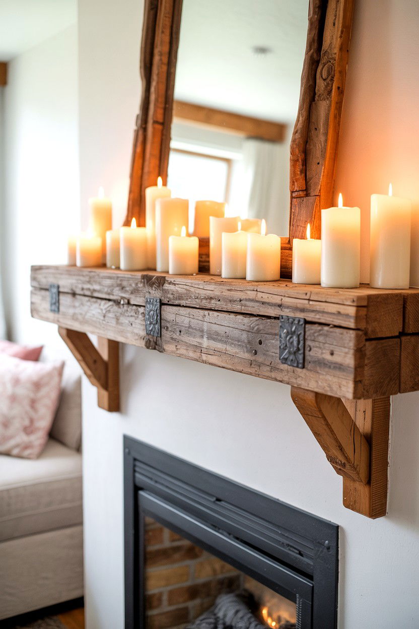 Reclaimed Wood Mantel with Candle Display - 30 best fake fireplace ideas