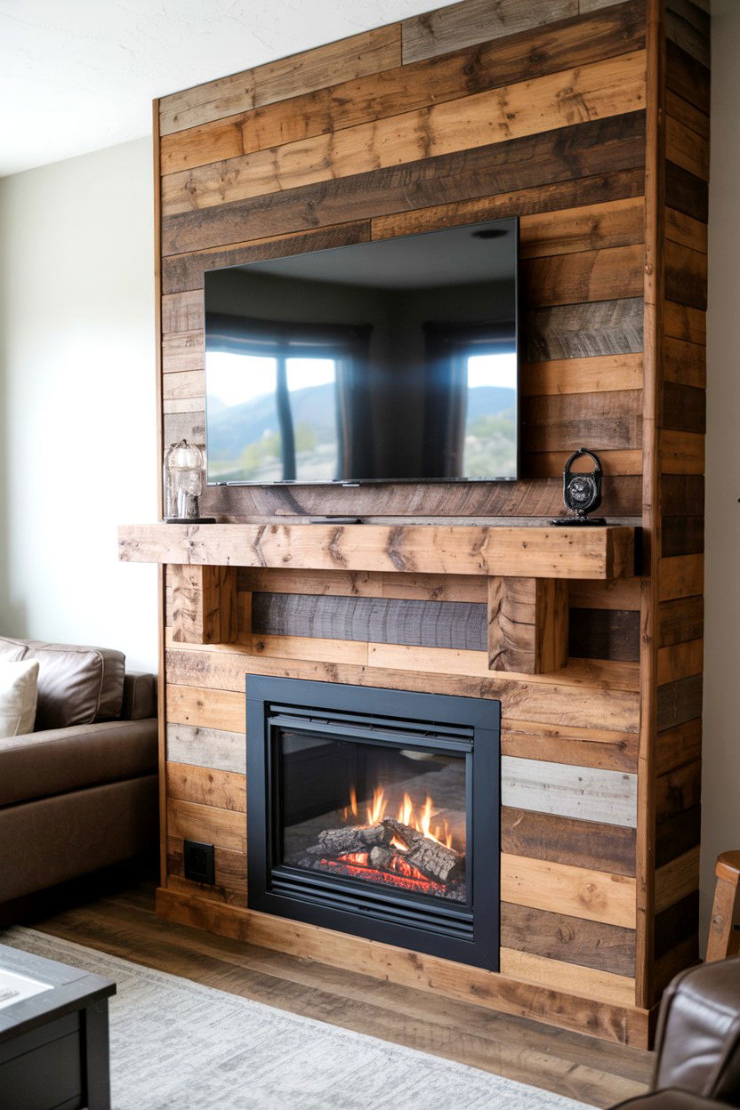 Reclaimed Wood Plank Wall with Rustic Mantel - 30 fireplace tv wall ideas