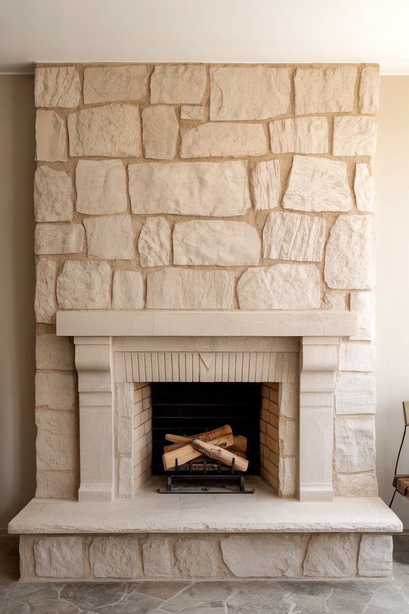 Rough Cut Stone Mantle with Chiseled Face - 30 fireplace mantle ideas