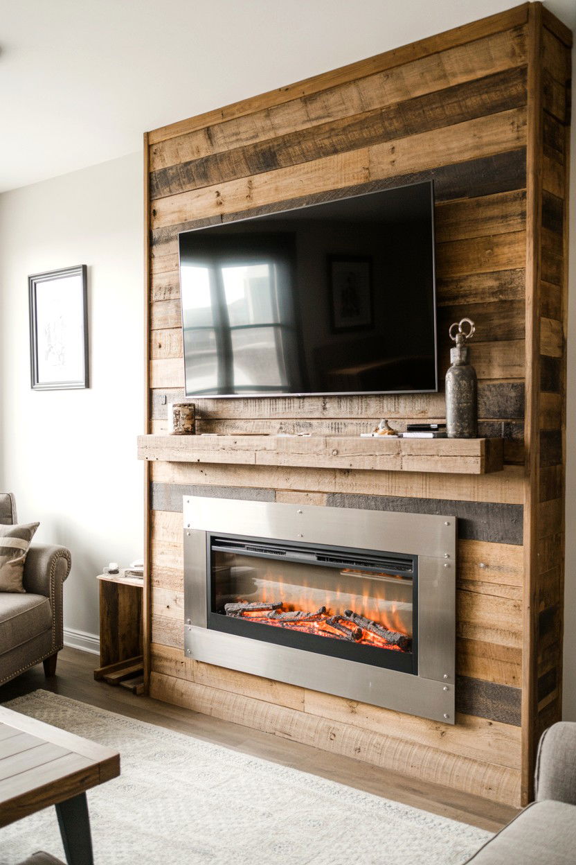 Rustic Barn Wood Wall With Industrial Fireplace - 30 electric fireplace ideas with tv