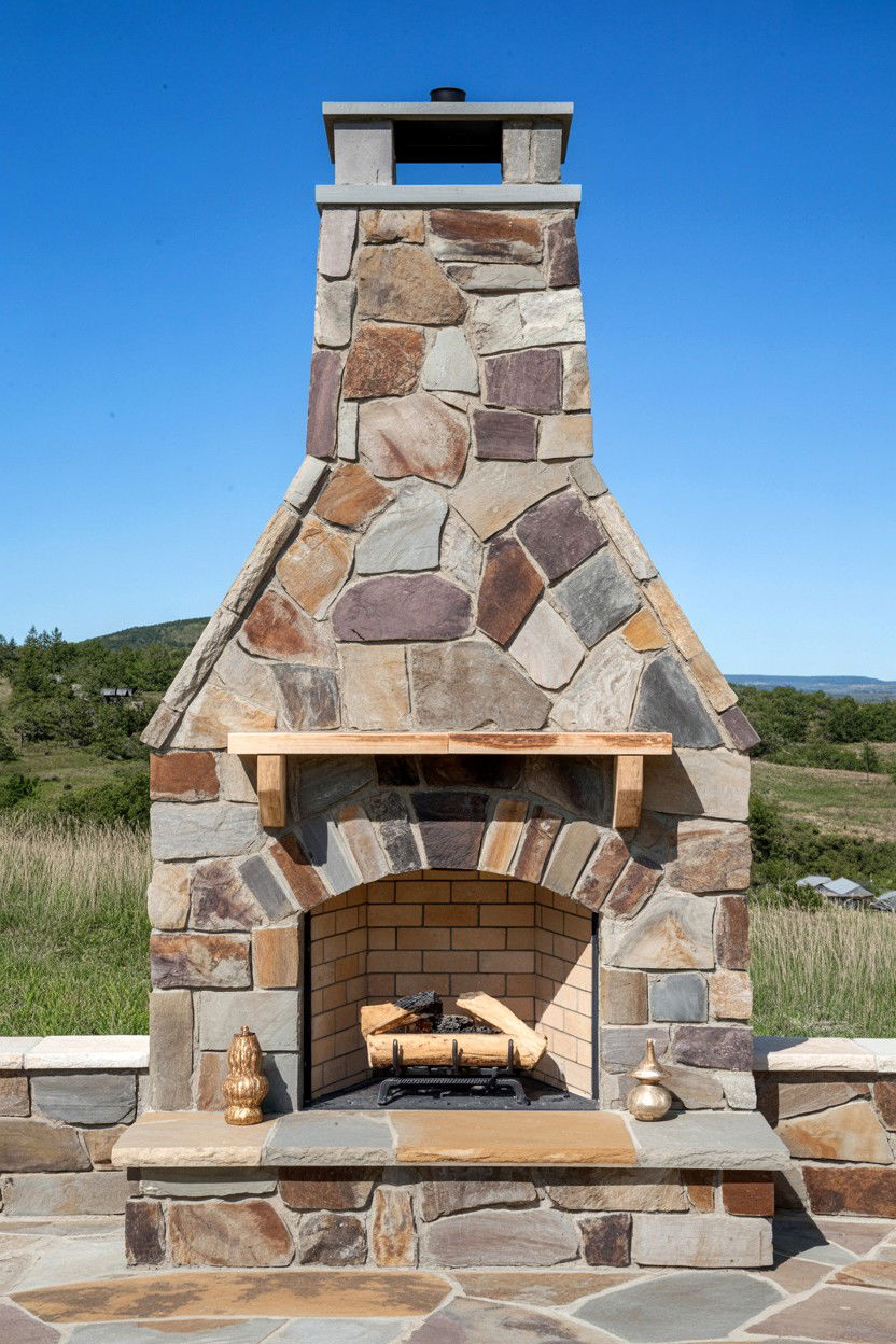 Rustic Fieldstone Fireplace with Natural Edges - 30 outdoor fireplace ideas