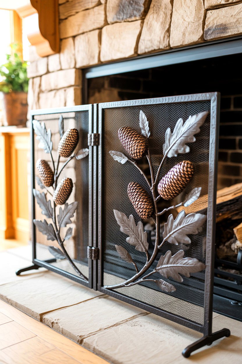 Rustic Hand Forged Iron Screen with Nature Motifs - 30 fireplace screen ideas