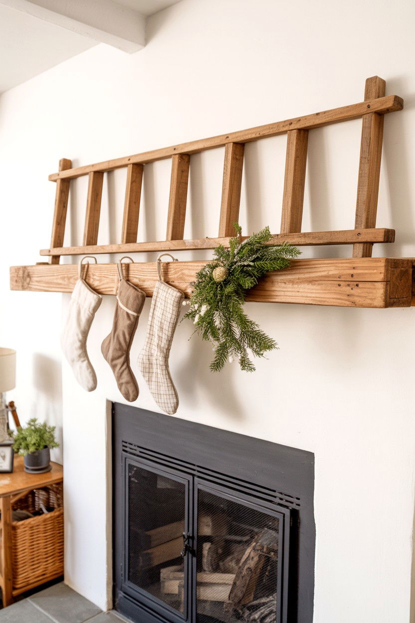 Rustic Ladder Mantel with Hanging Decor