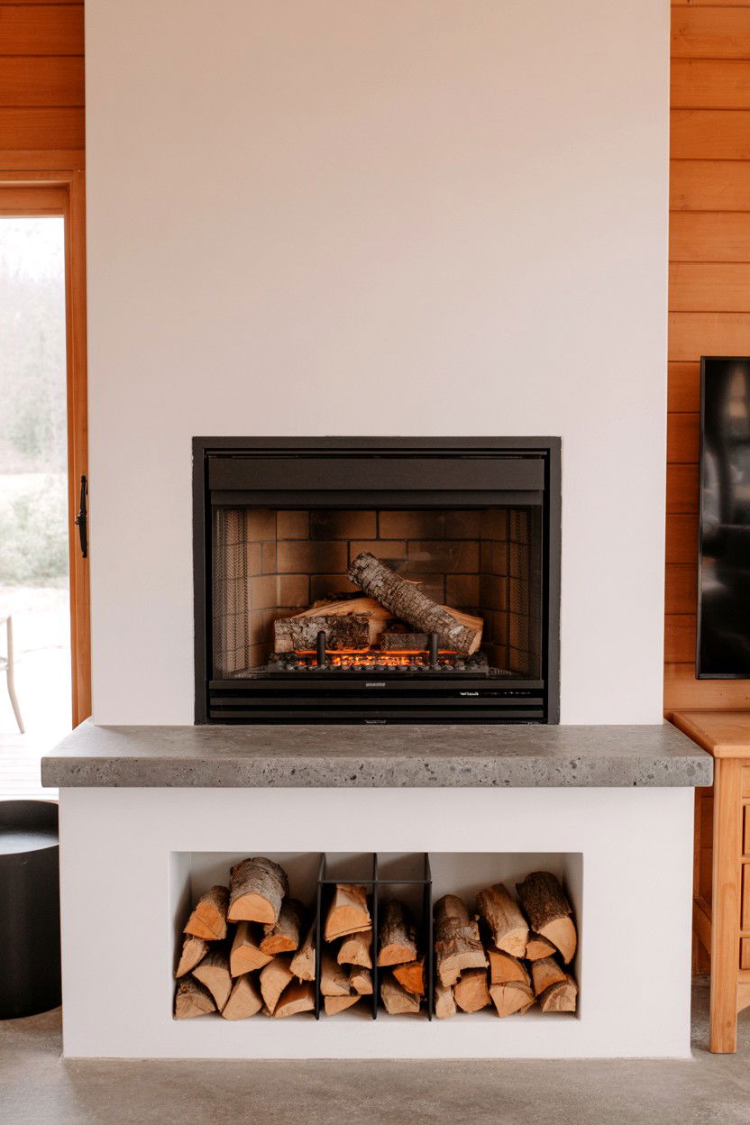 Rustic Log Storage Niche Below Corner Fireplace - 30 corner fireplace ideas