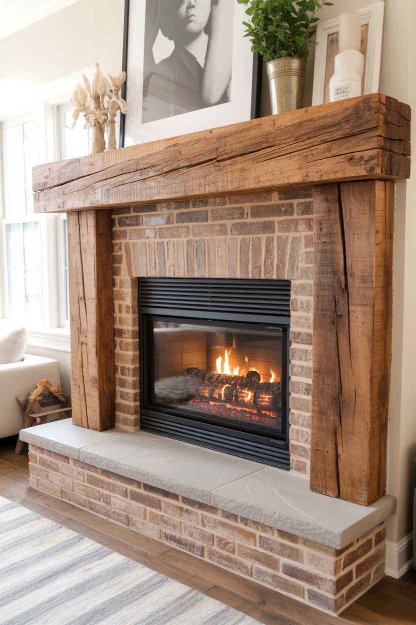Rustic Reclaimed Wood Beam Mantel with Character - 30 cozy fireplace ideas