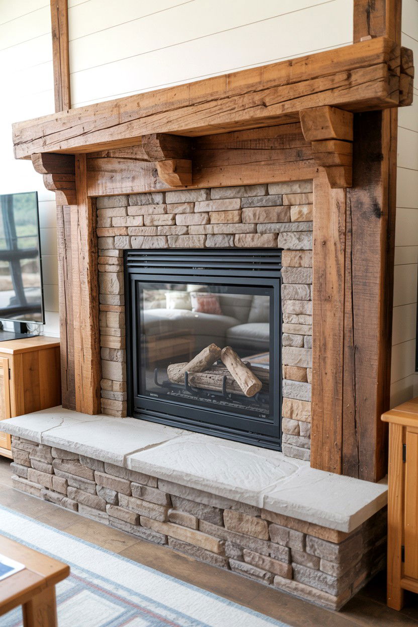 Rustic Reclaimed Wood Surround with Stone Hearth - 30 built in fireplace ideas