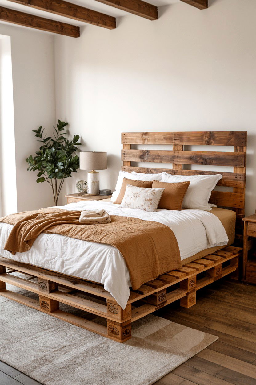 Rustic Stained Pallet Bed with Natural Wood Grain - 30 pallet bed ideas