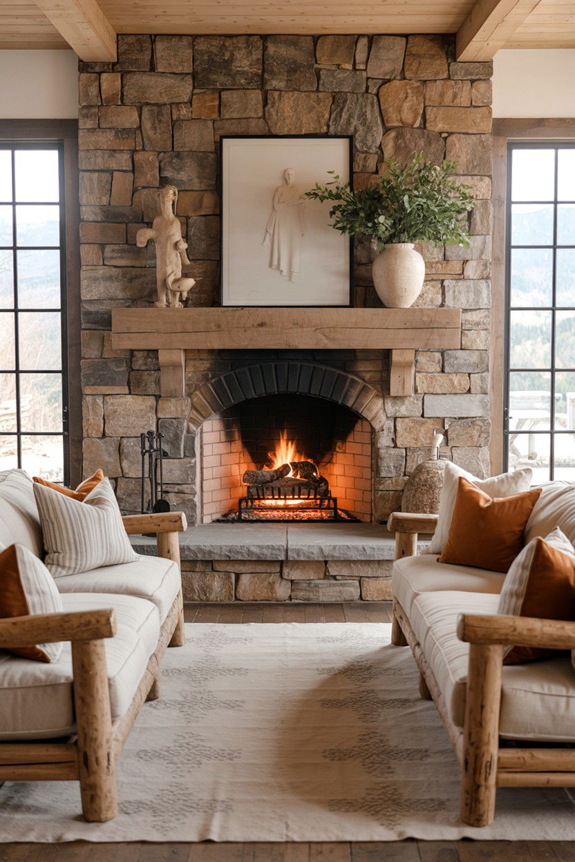 Rustic Stone Fireplace With Chunky Furniture - 30 living room layout with fireplace ideas