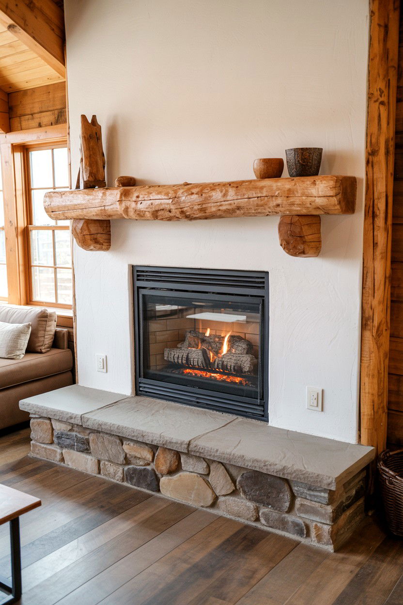 Rustic Stone Hearth Base with Wood Beam Mantel - 30 faux fireplace ideas