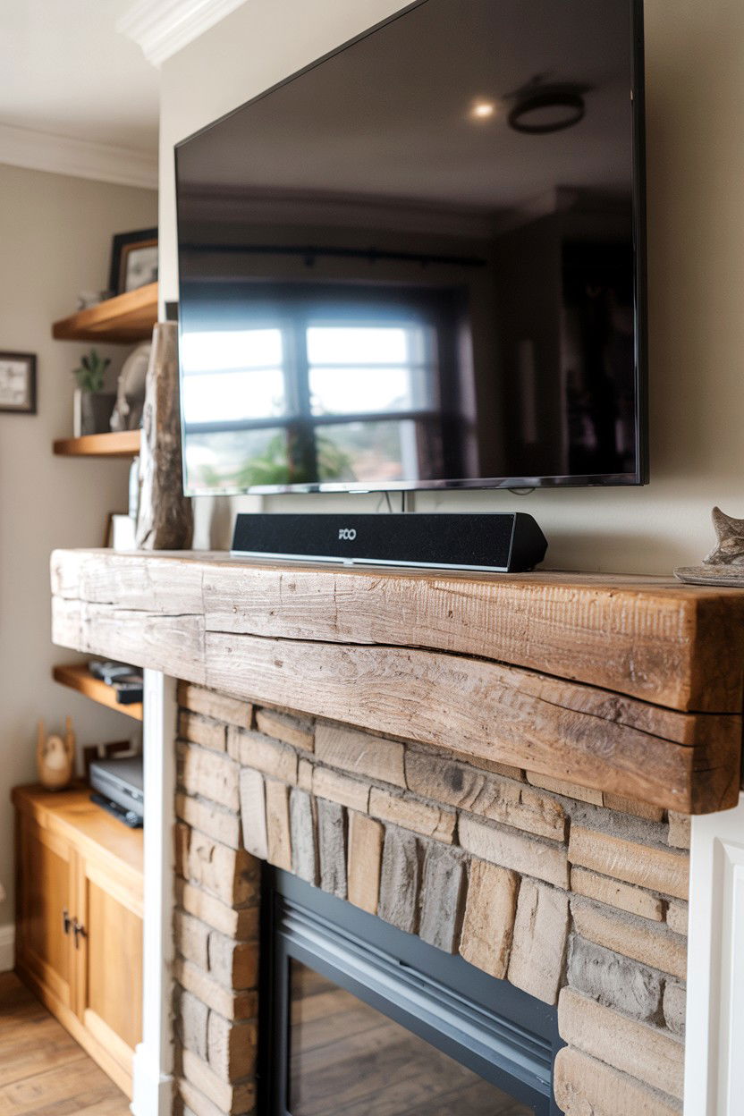 Rustic Wood Beam Mantel with Modern TV - 30 tv over fireplace ideas