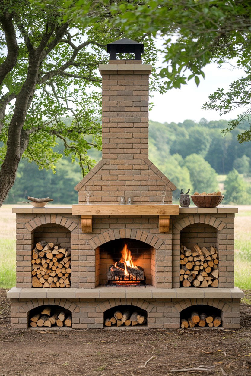 Rustic Wood Burning Fireplace with Log Storage - 30 outdoor fireplace ideas
