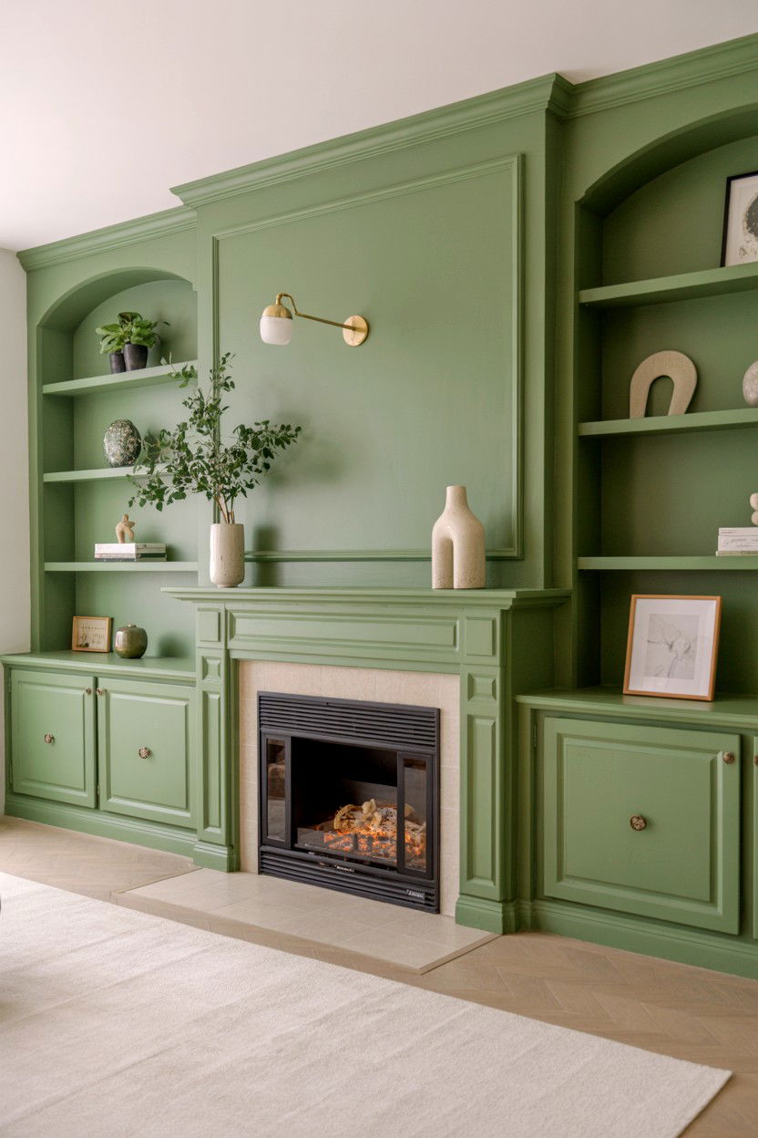 Sage Green Built Ins for Calming Organic Color - 30 built ins around fireplace ideas