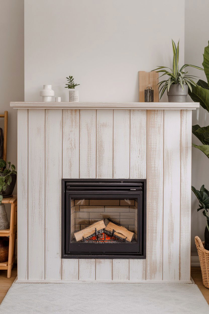 Scandinavian White Washed Wood Panel with Simple Electric Unit - 30 faux fireplace ideas